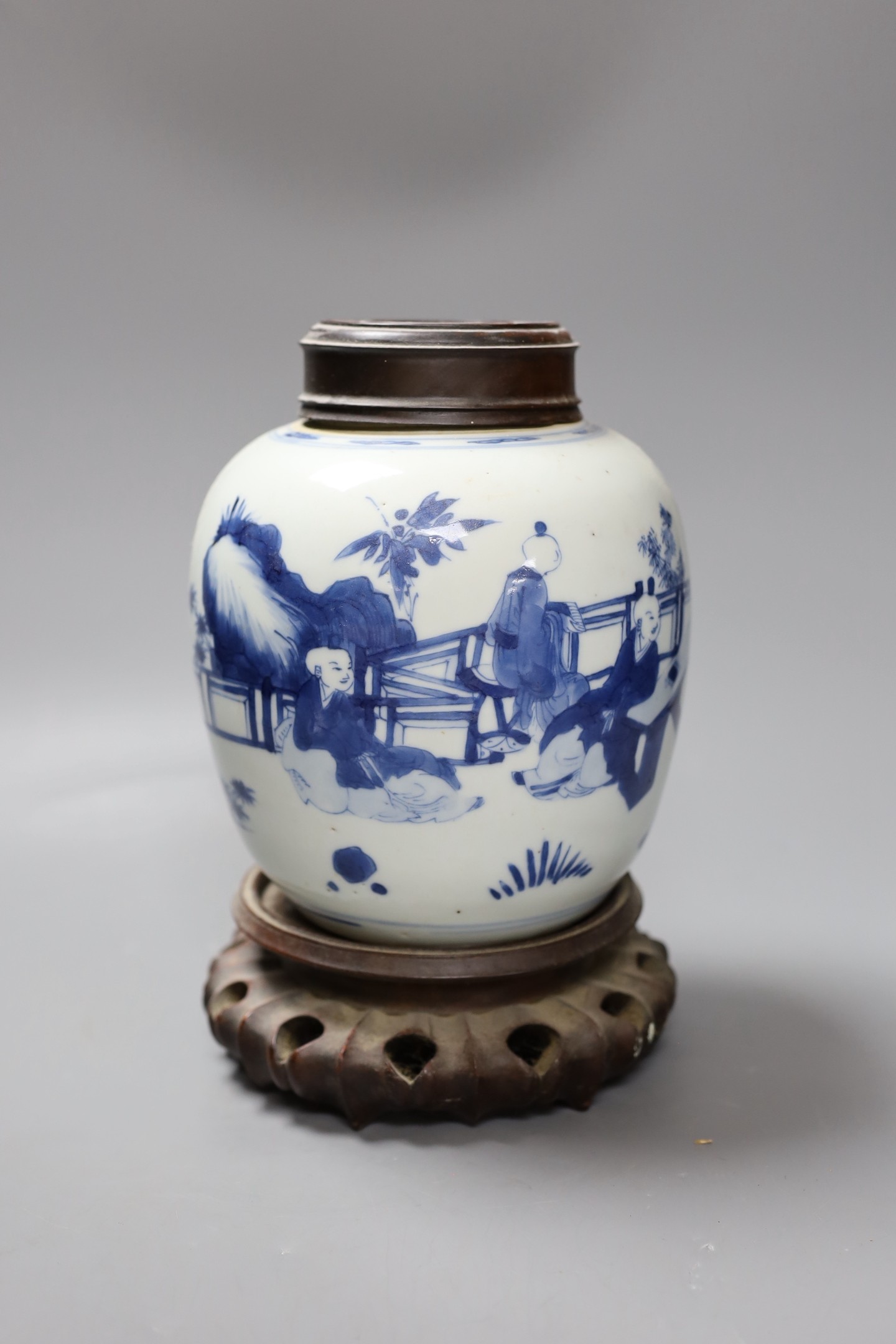 A Chinese blue and white 'boys' jar, 19th century, wood cover and stand, total height 24cm high